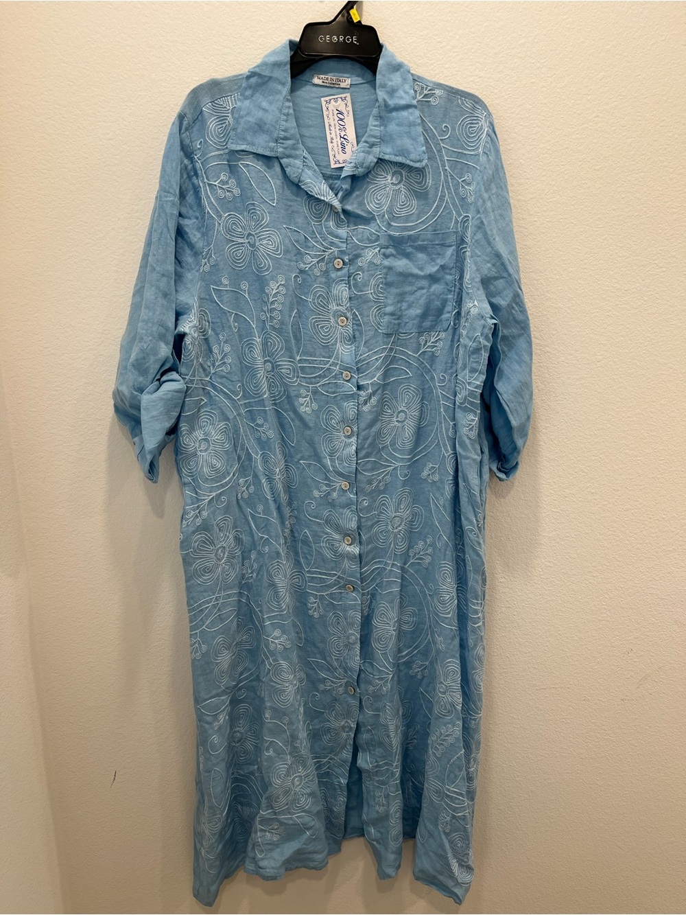 Light Blue Embroidered Button-Front Linen Dress from Italy One Size Fits Most